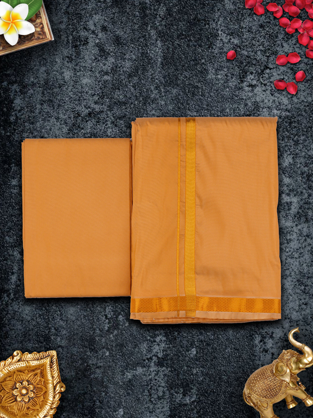 Mens Premium Art Silk Dark Sandal Shirting & Gold Jari Border Panchakacham Set 9+5 Ashirwath
