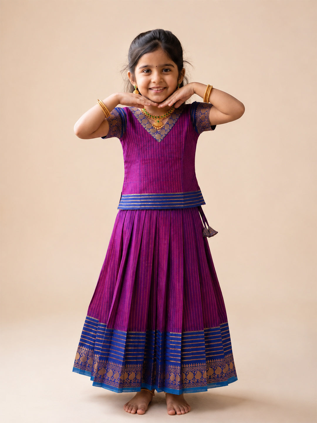 Girls Cotton Purple Pattu Pavadai Set GPS56