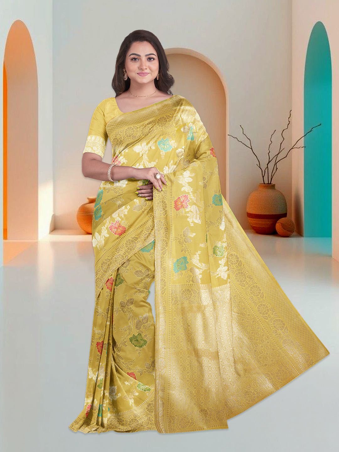 Women Yellow Art Silk Printed Saree ASS83
