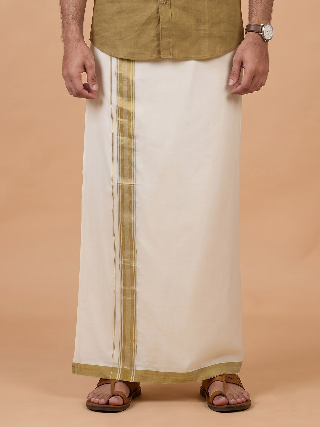 Double Layer 100% Cotton Cream Kora Dhoti with Colour Border - BJM01