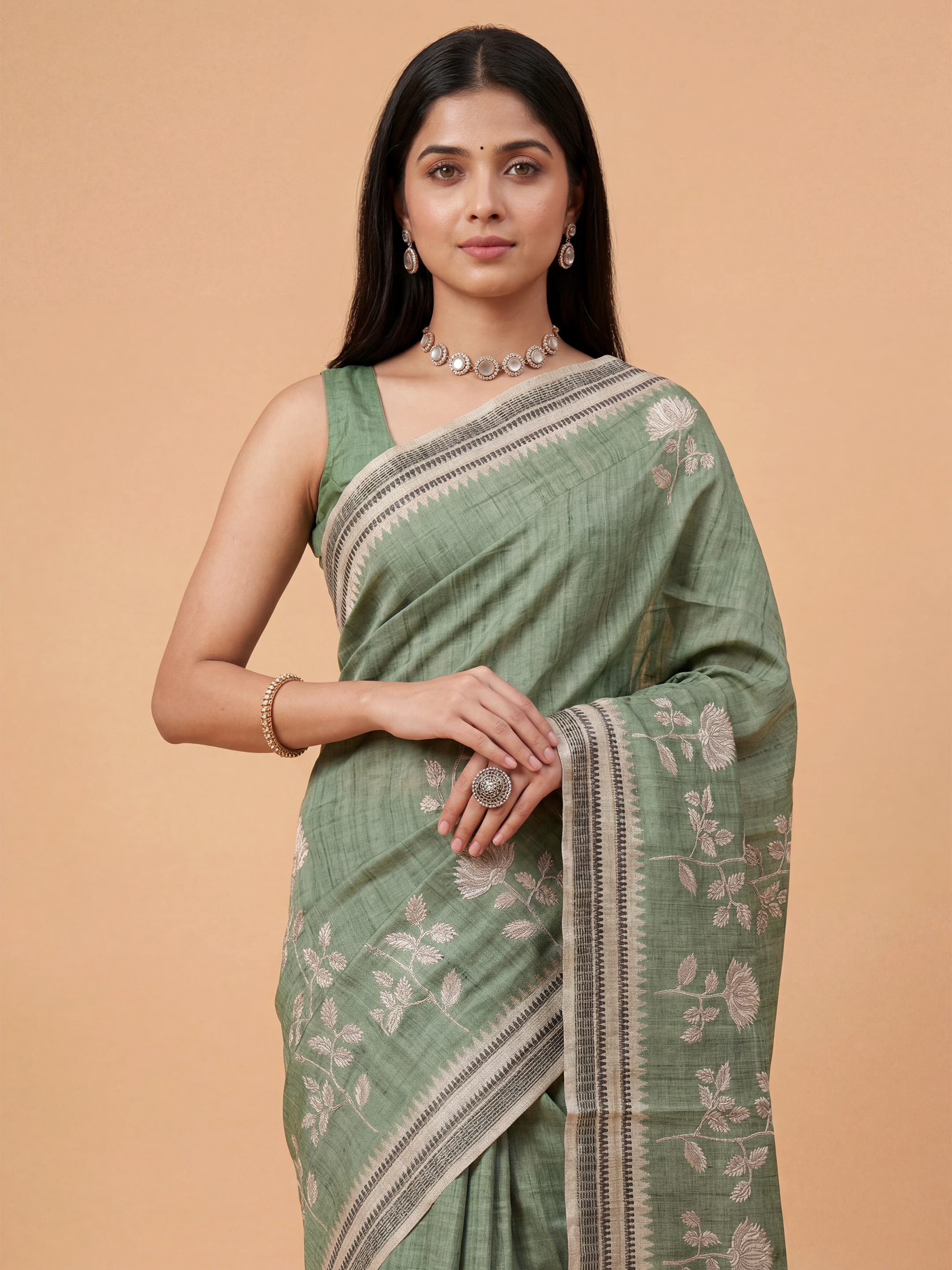 Women Semi Tussar Printed Green Saree ST339