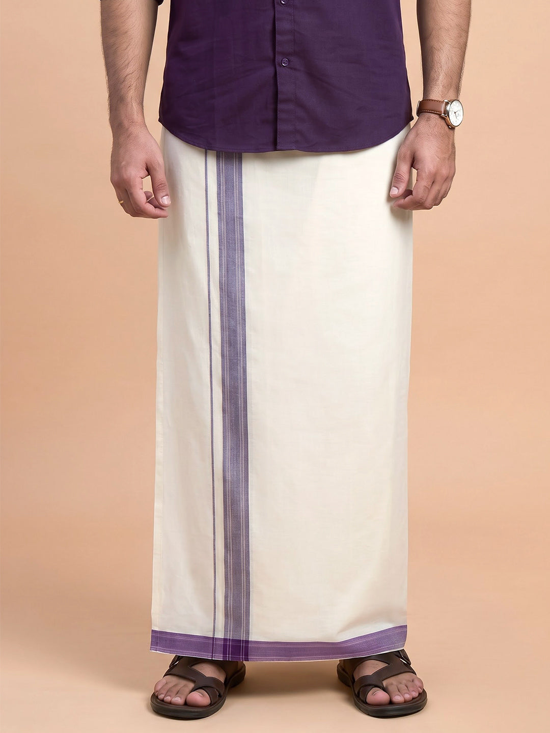 Double Layer 100% Cotton White Dhoti with Colour Jari Border - EJF25