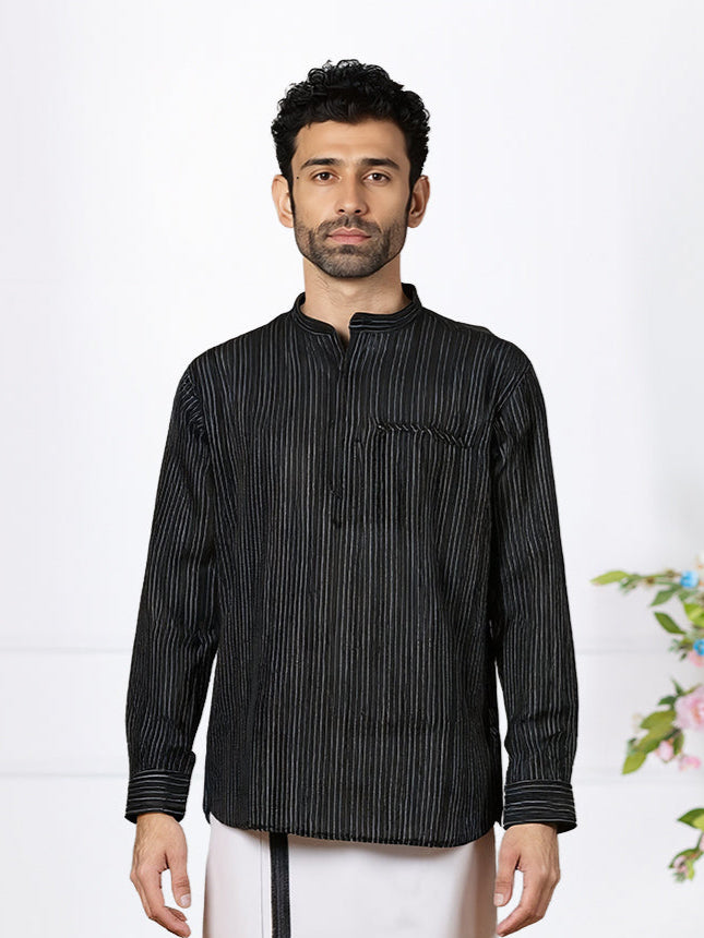 Men Black Short Length Kurta with Matching Border Dhoti Set RJ26