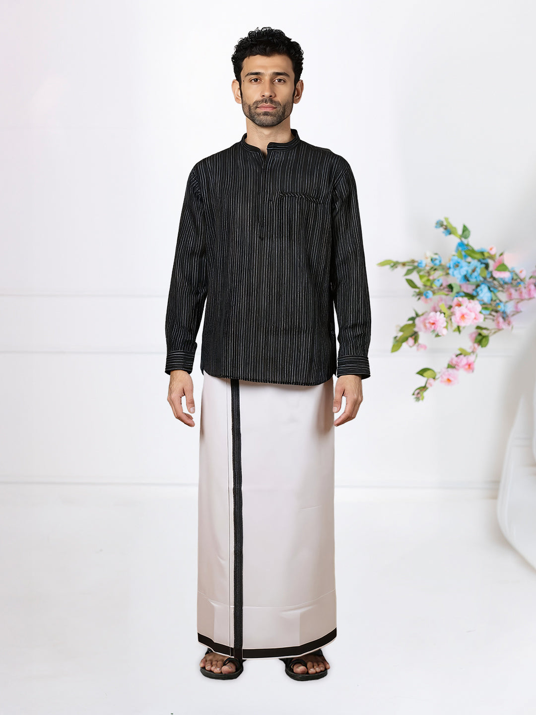 Men Black Short Length Kurta with Matching Border Dhoti Set RJ26