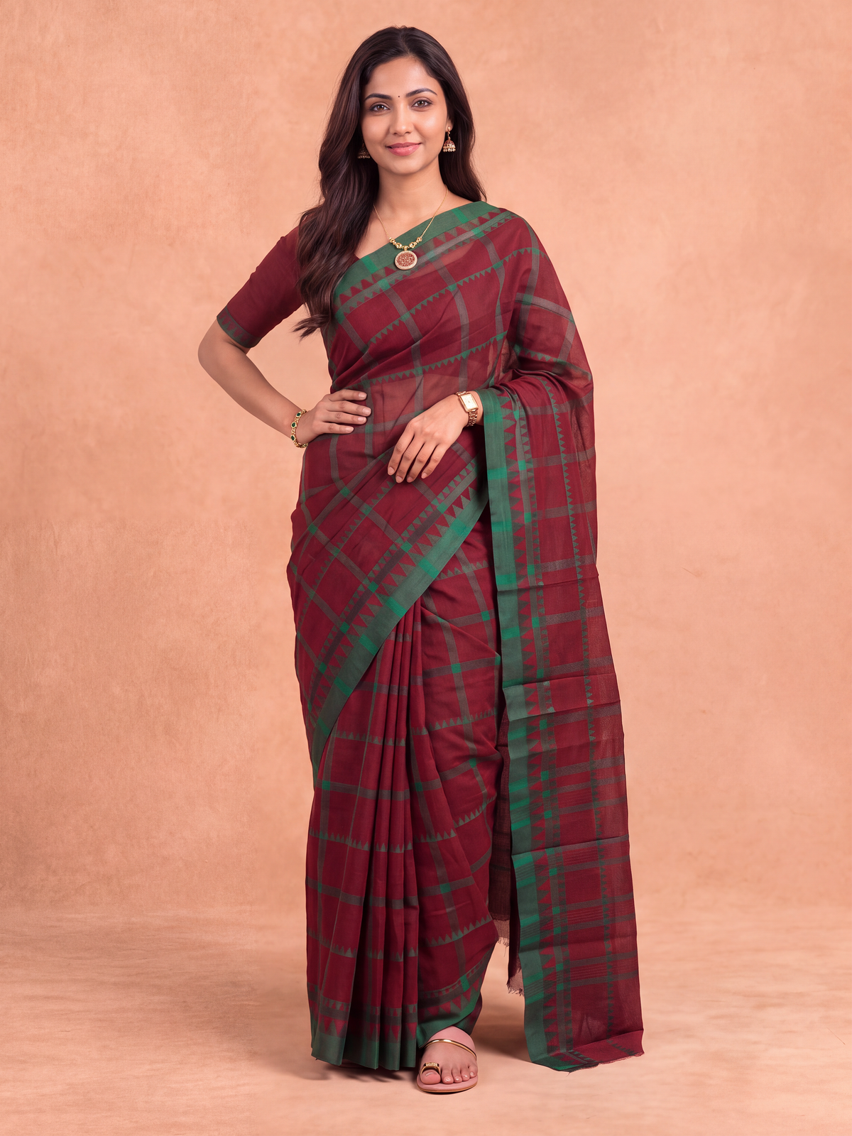 Women Chettinad Cotton Maroon with Green Saree CCS18