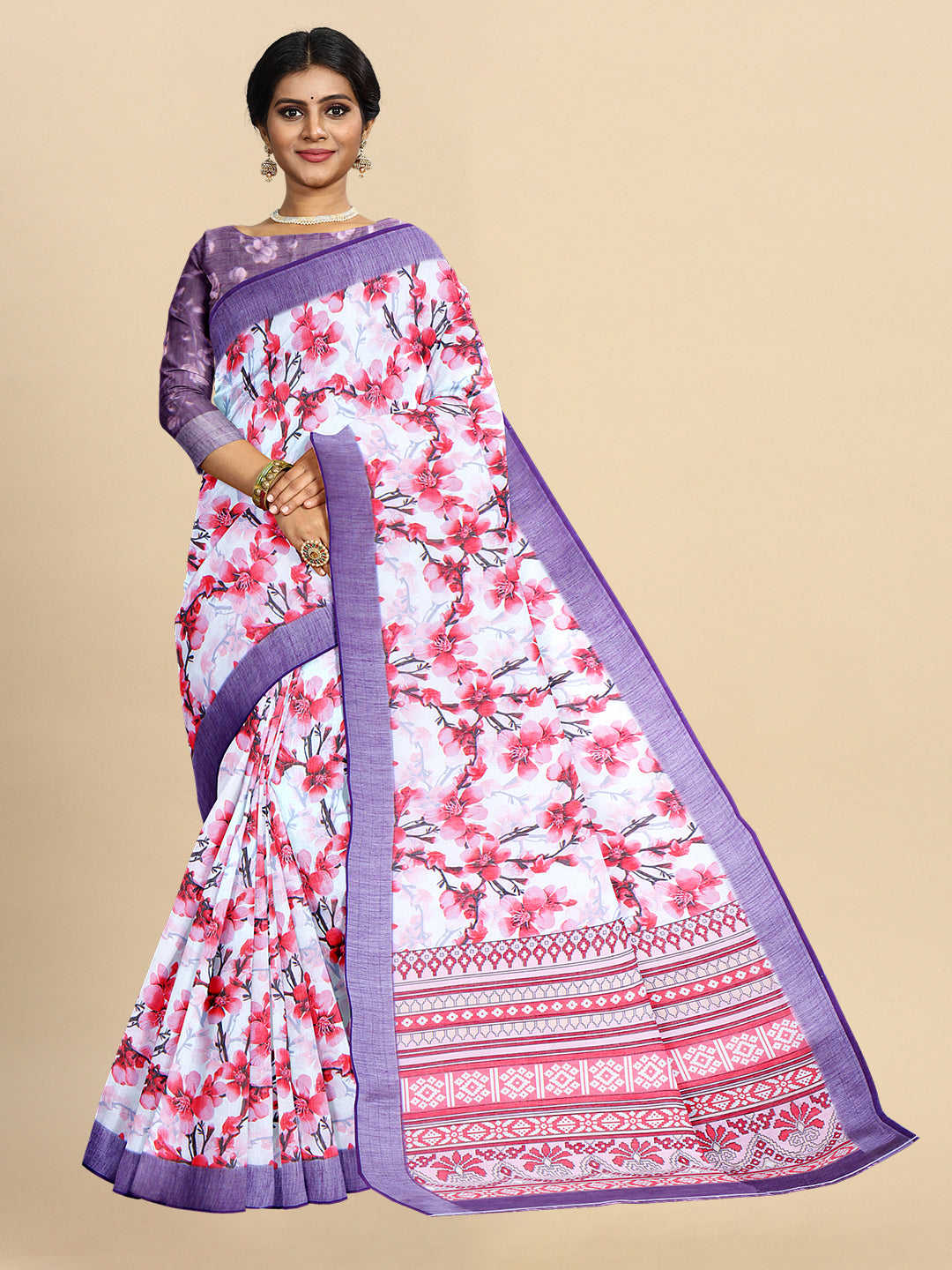 Semi Linen White with Violet Colour fashionable Allover Digital Printed Saree  SL92
