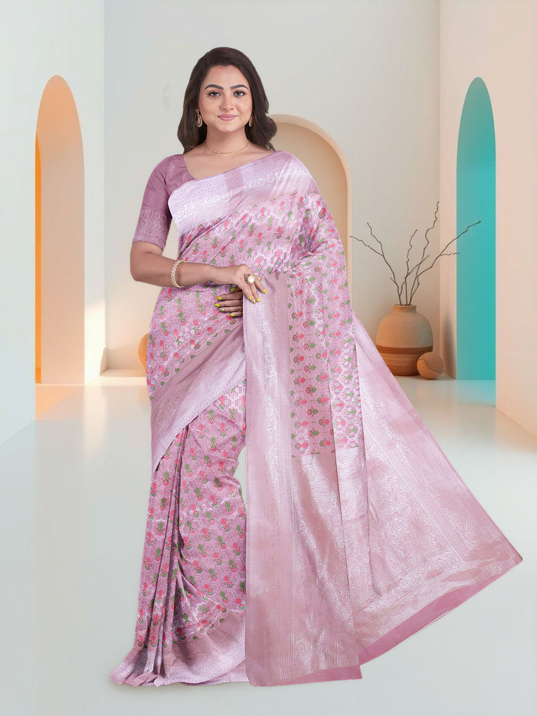 Women Pink Art Silk Printed Saree ASS86