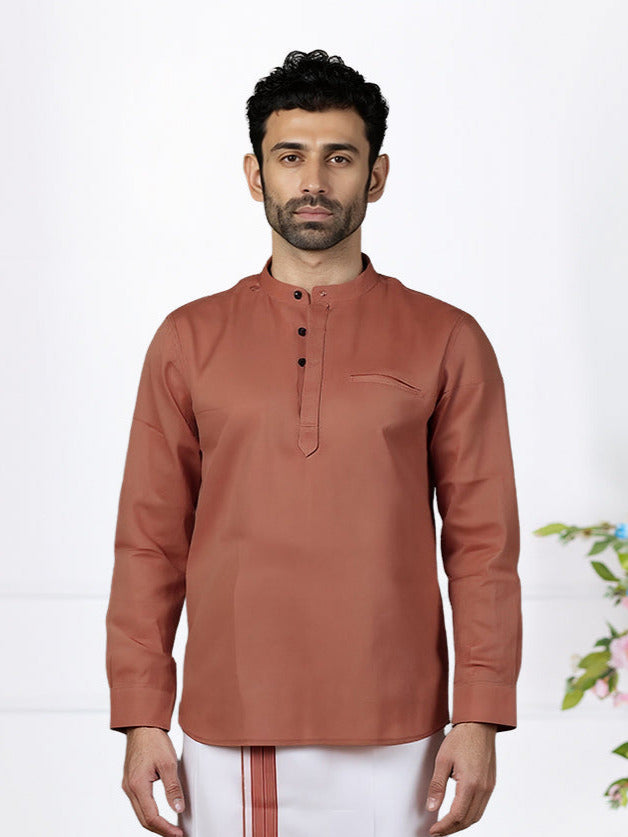 Men Peach Saffron Short Length Kurta with Matching Border Dhoti Set RJ43