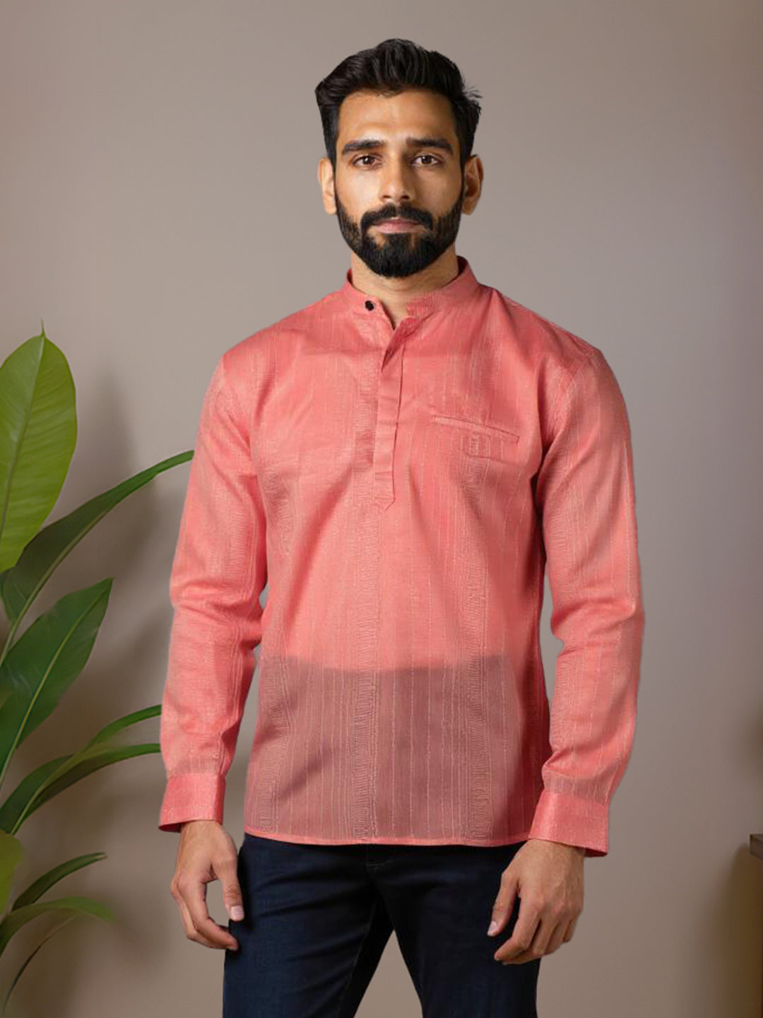 Men Cotton Short Length Striped Pocket Kurta Orange Pink RJ18