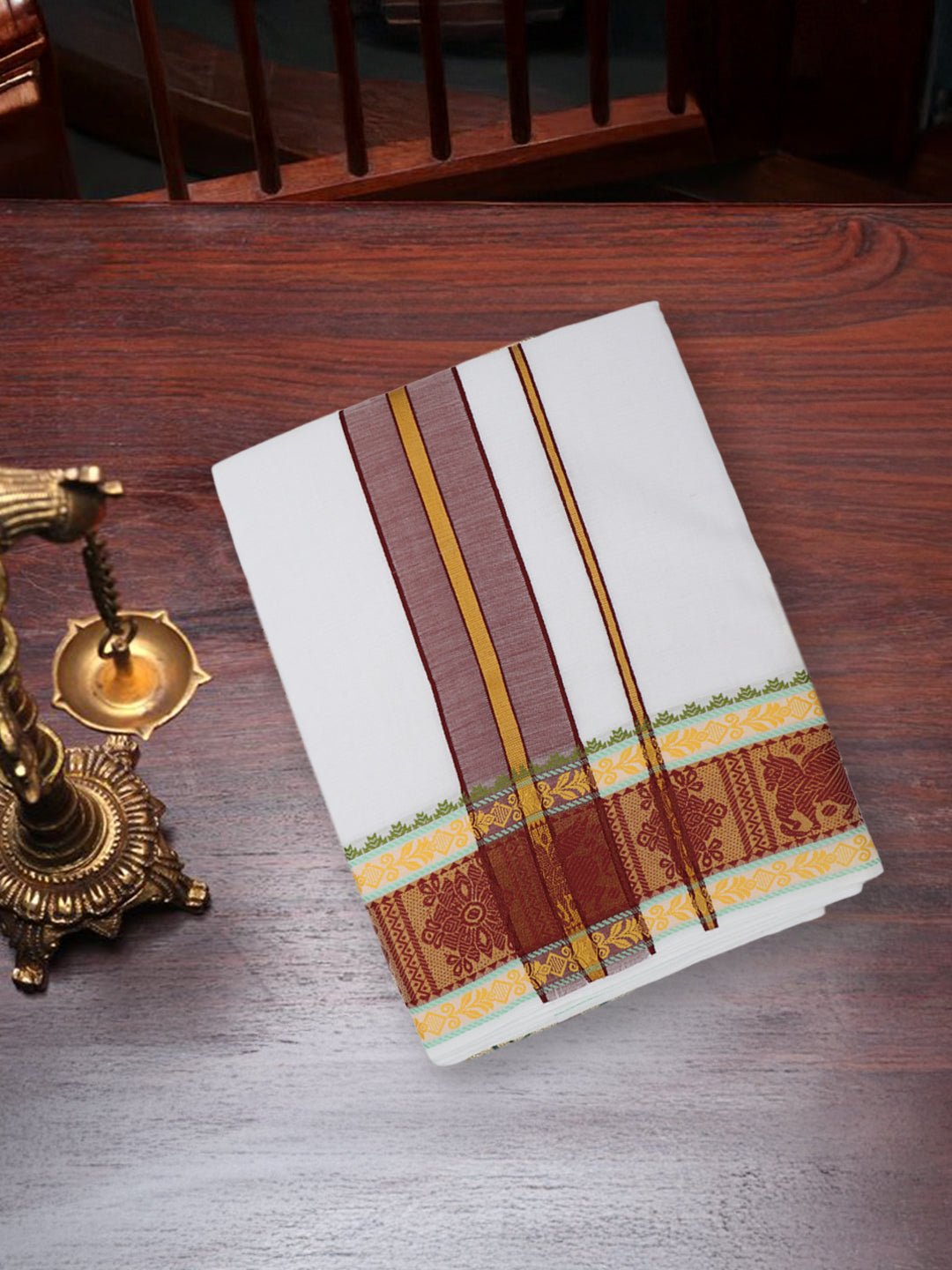 Men Cotton Brown Fancy Border Panchakacham with Angavasthram Vishvadeva (9+5) VD01