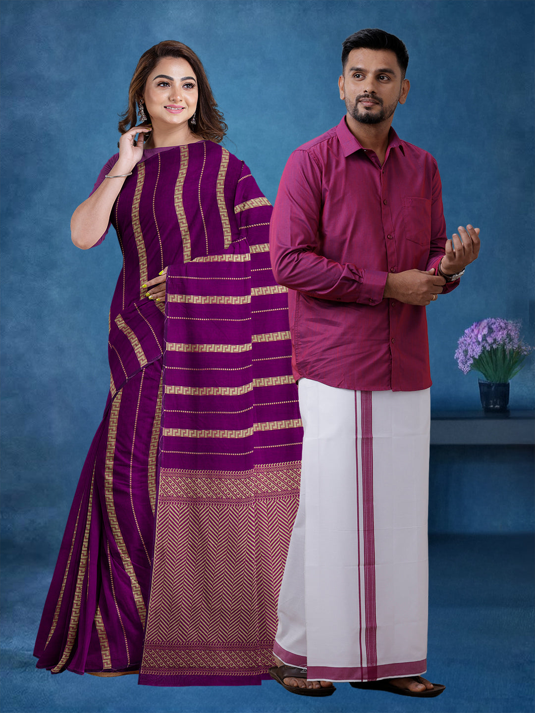 Couple Combo Shirt & Dhoti Set with Saree Majenta PCS175