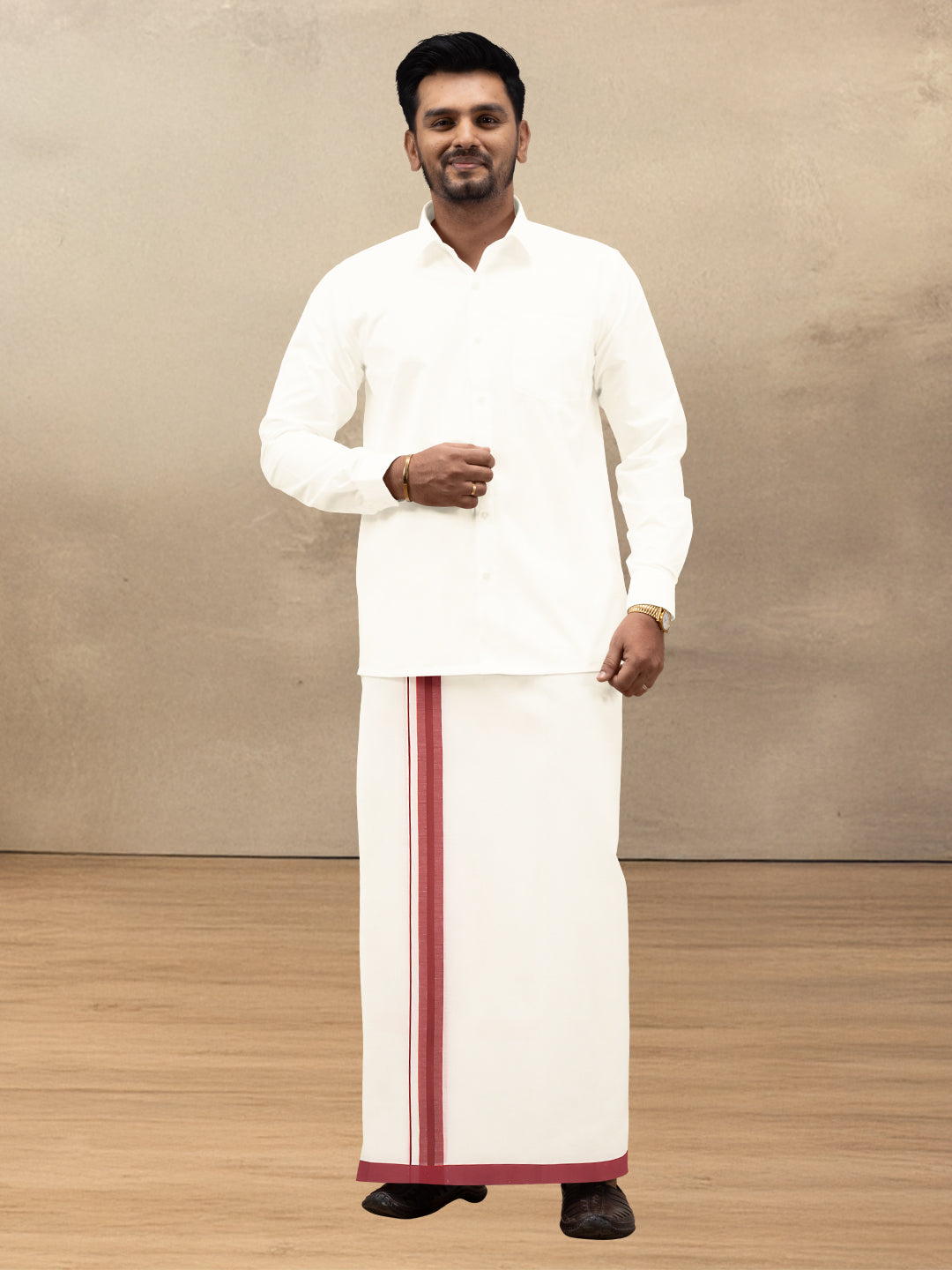 Men Kora Cotton Double Layer Dhoti with Red Fancy Border VKF08