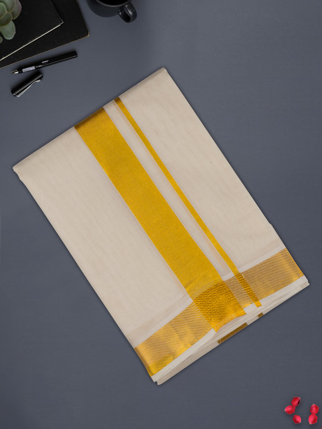 Mens Premium Cotton Gold Border Double Dhoti Luxury Club