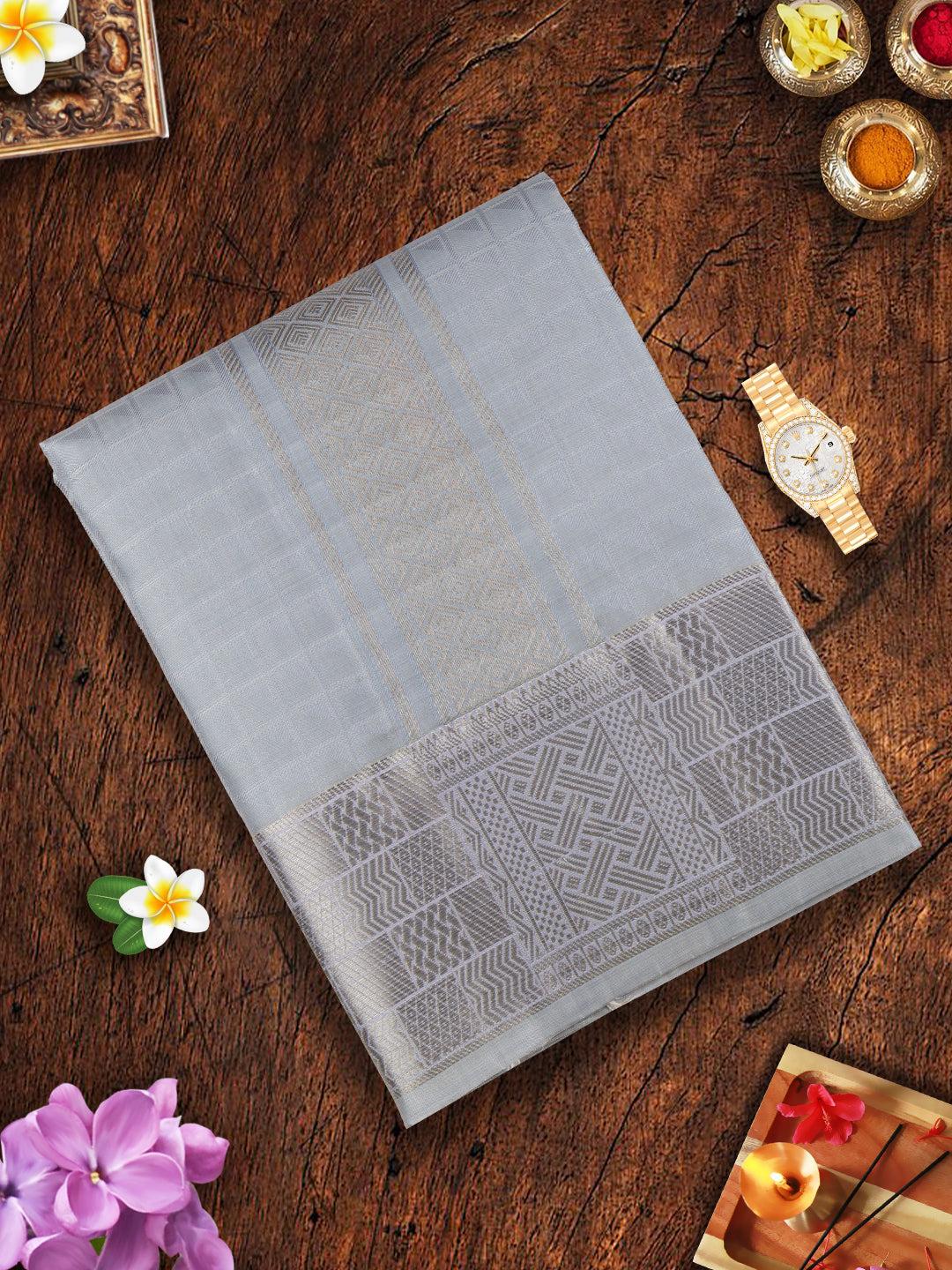 Pure Silk 4" Grey Silver Jari Border Dhoti With Towel Thirukalyan