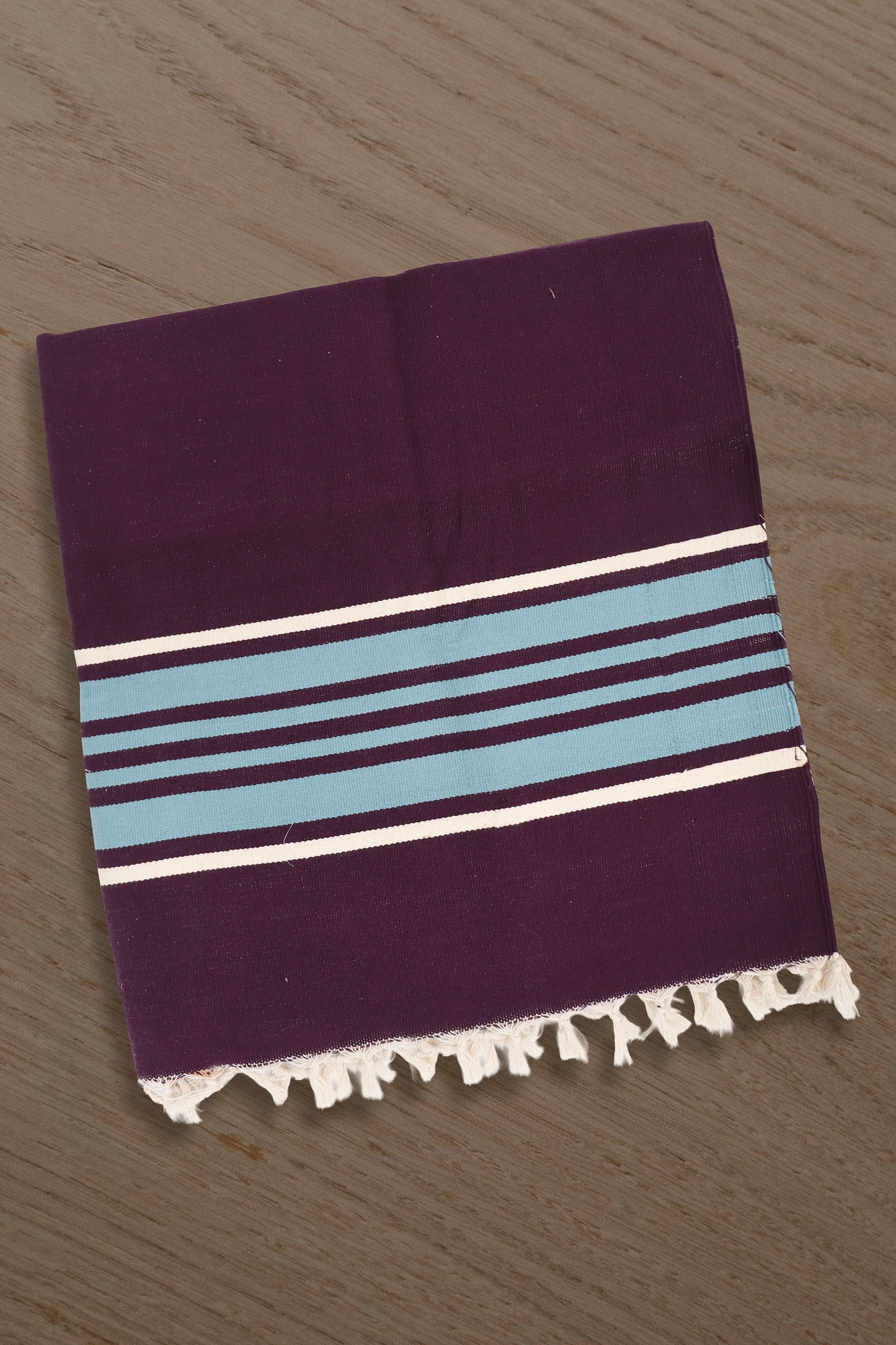 Bhavani Handwoven Cotton Jamakkalam Rug Dark Purple Base with White & Blue Stripes (3.25 × 6.5 Ft)