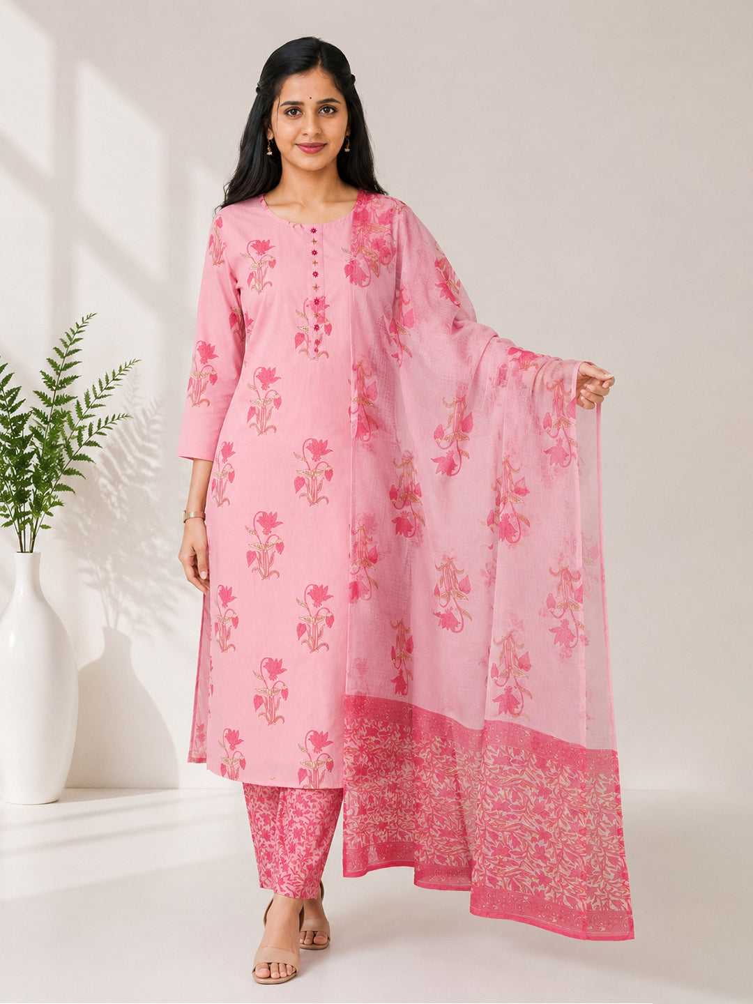 Women Cotton Printed Pink Kurti Set EKS136