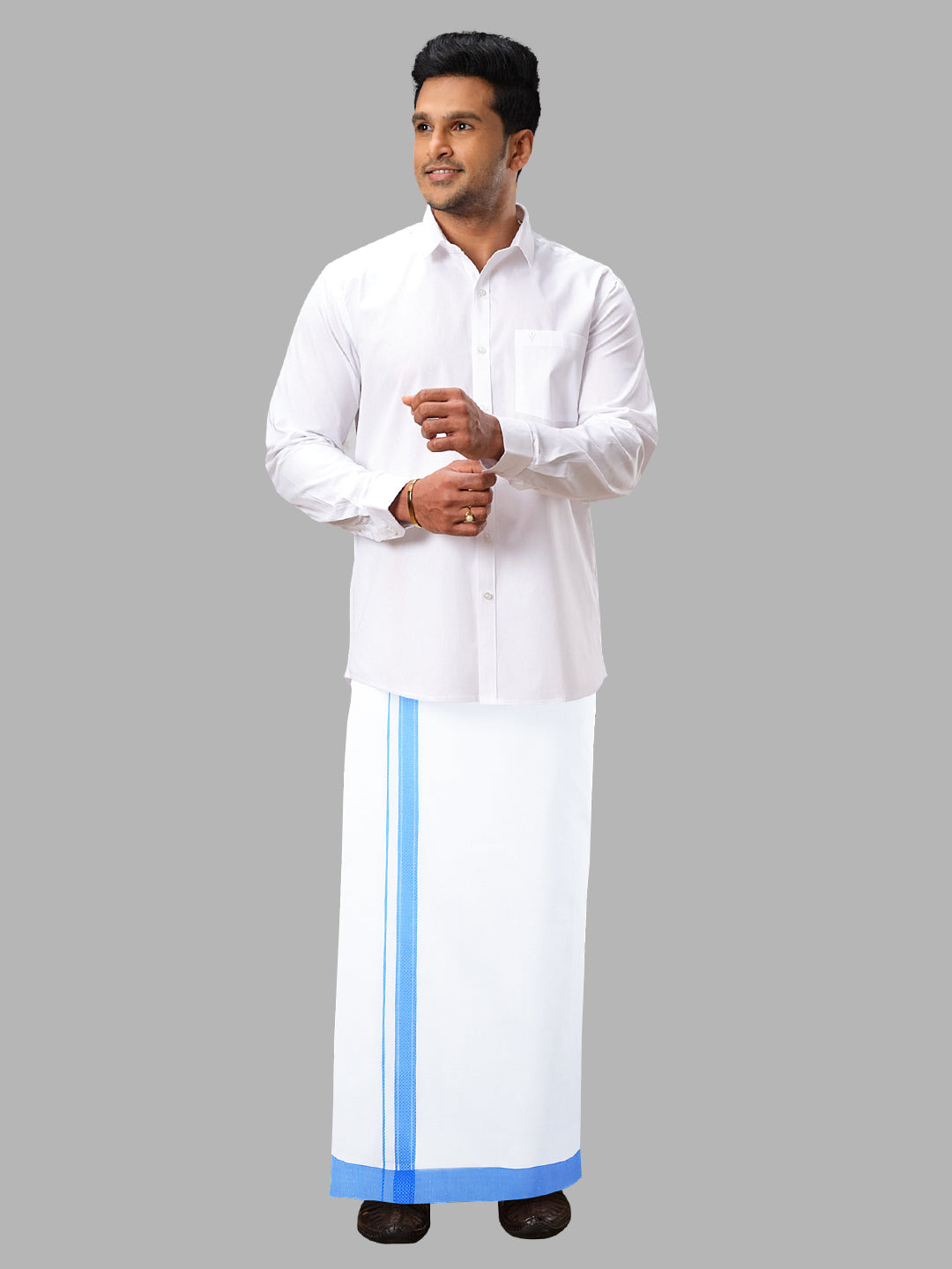 Men Blue Adjustable Pocket Dhoti with Fancy Border GACF10