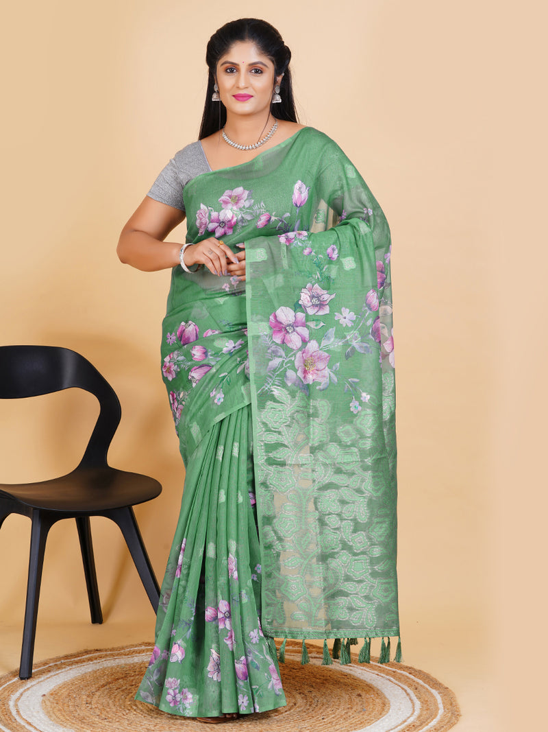 Green Chanderi Cotton Printes Saree