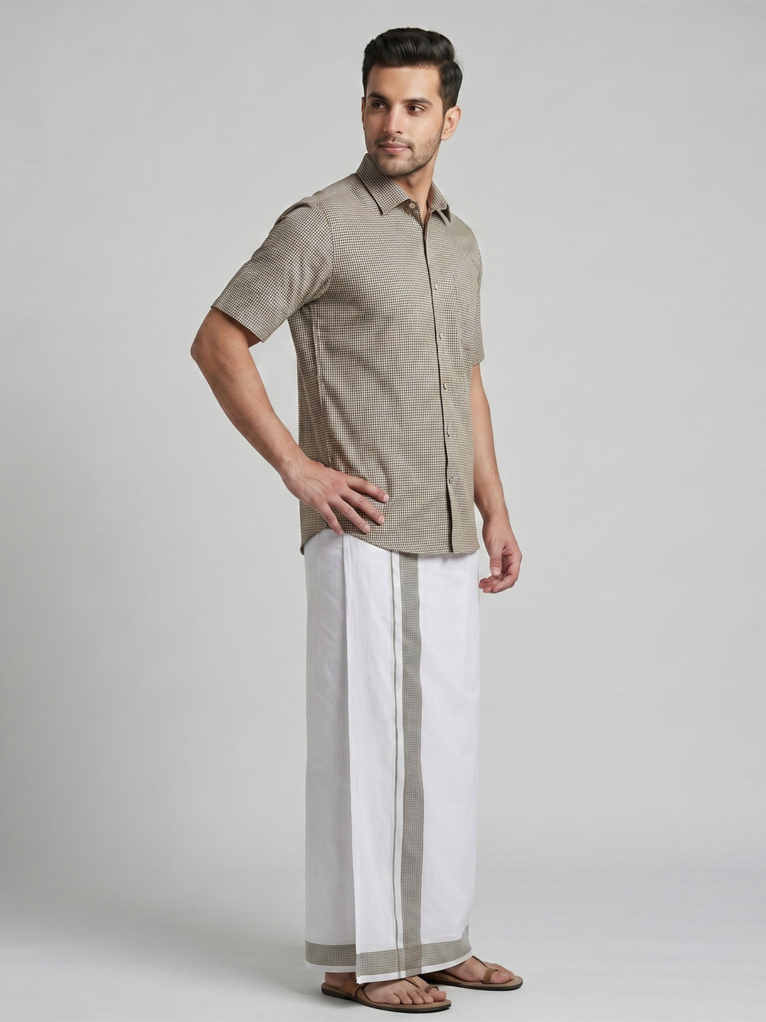 Men Light Grey Matching Border Dhoti With Printed Shirt Set Windsor HNJ2