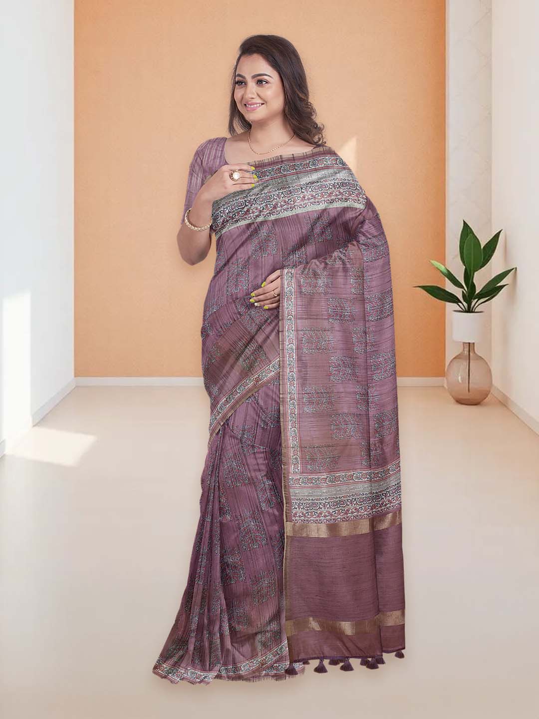 Women Purple Semi Tussar Printed Saree ST290