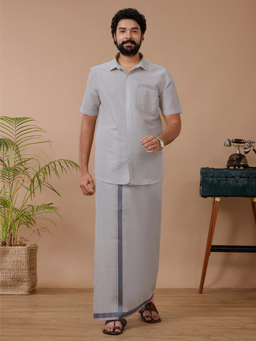 Mens Tissue Dhoti & Half Sleeves Shirt Set Licorice