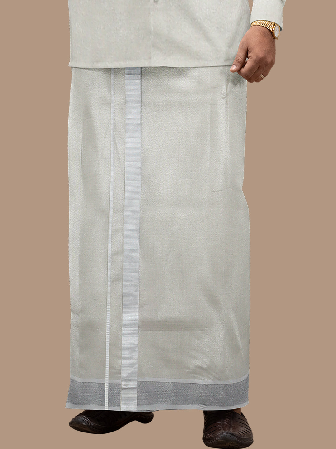 Men Tissue Double Layer Dhoti with Silver Jari Border Tissue Silver