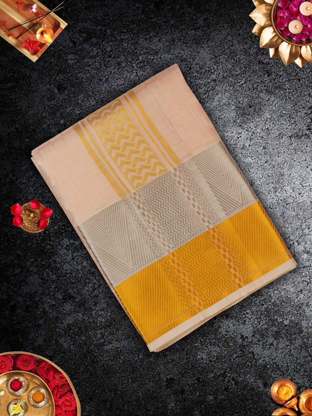 Pure Silk Rose Gold 3" Gold & Silver Jari Border Dhoti With Towel Thirukalyan