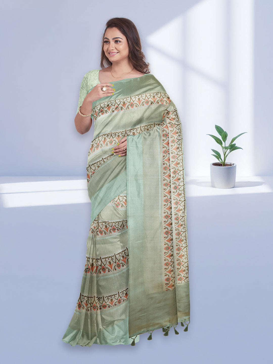 Women Pista Green Semi Tussar Printed Saree ST281