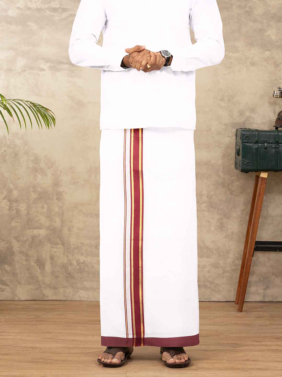 Men Cotton Blend Double Layer White Dhoti with Fancy Jari Border TGJF03
