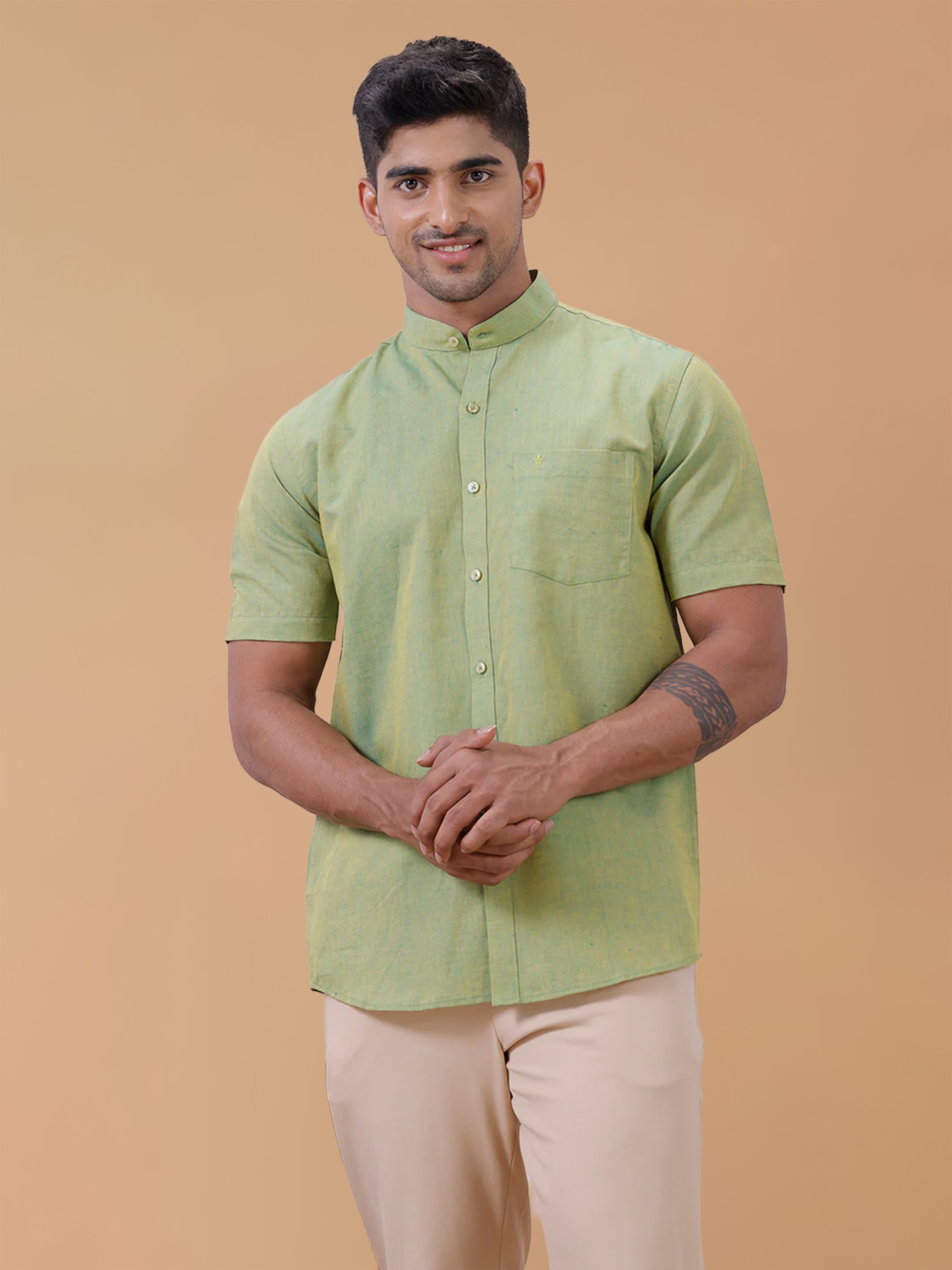 Linen Cotton Yellowish Green Chinese Collar Regular Fit Shirt LF9