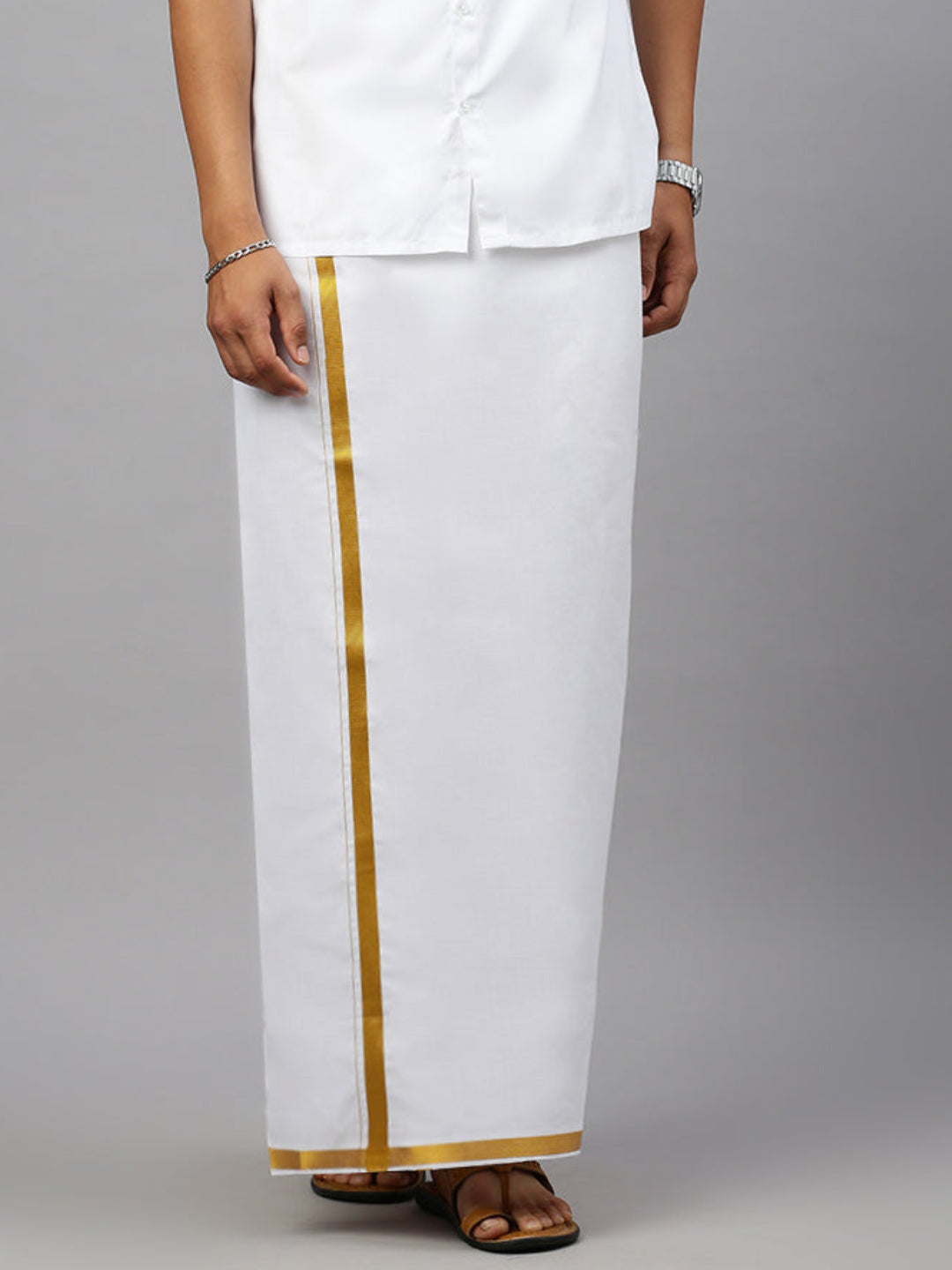 Men 100% Cotton Readymade Double Layer White Dhoti with Gold Jari Border 708