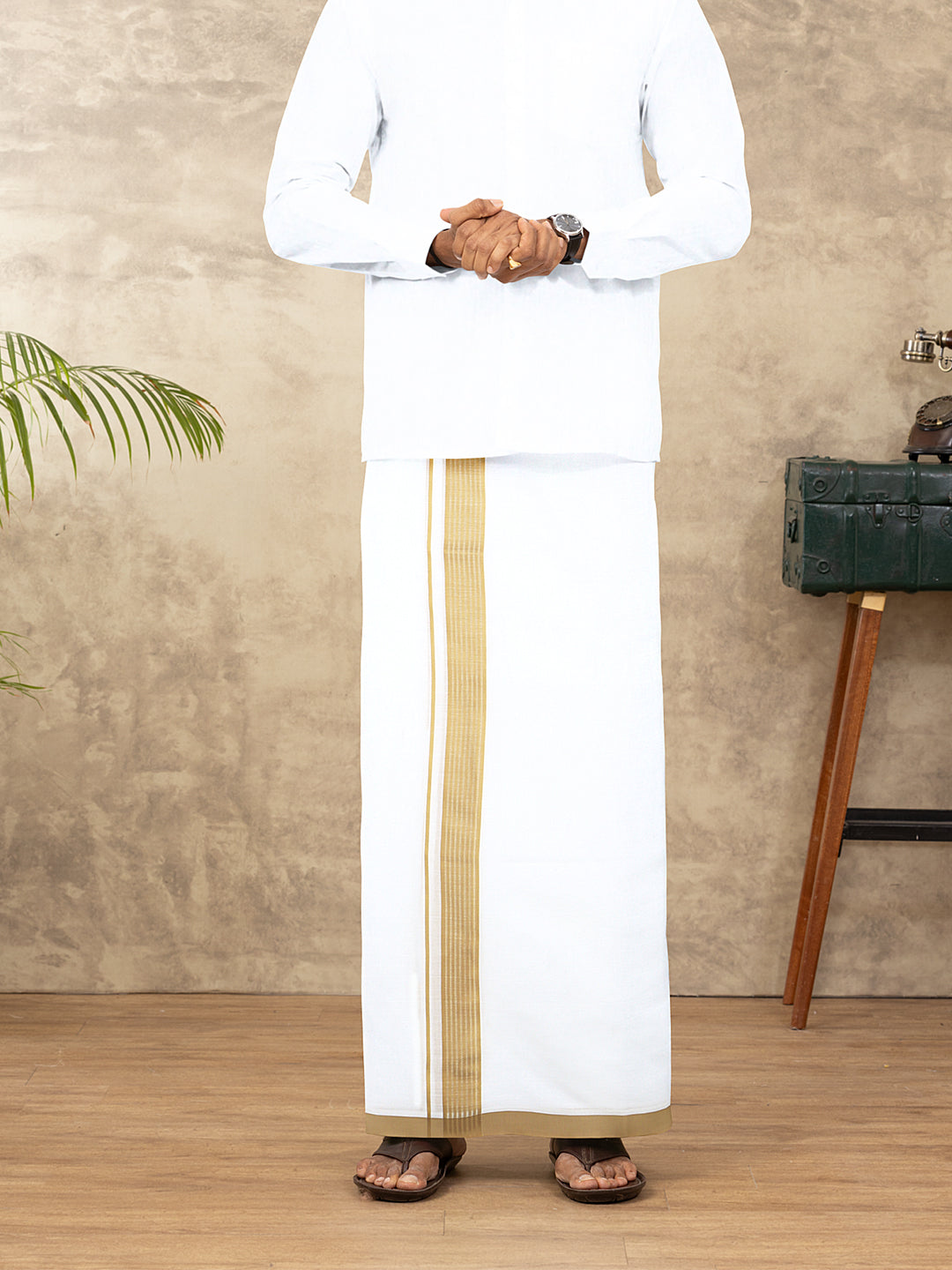 Men Cotton Blend Double Layer White Dhoti with Fancy Border TF12
