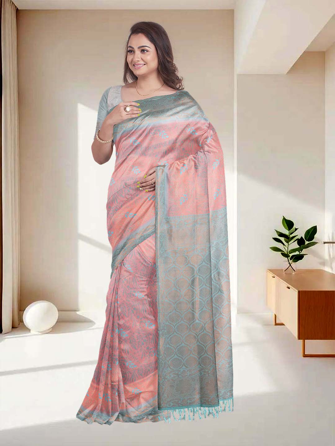 Women Peach with Green Art Silk Printed Saree ASS55