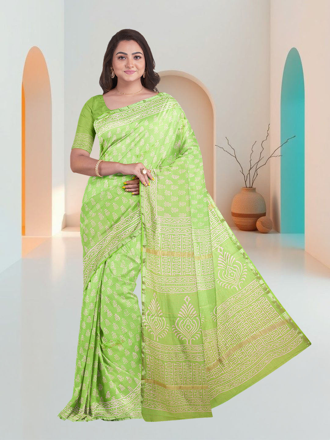 Women Yellowish Green Semi Chanderi Cotton Printed Saree SC71