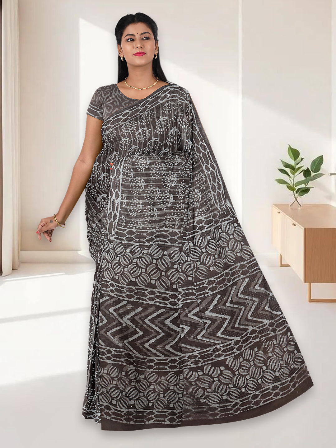 Women Brown Cotton Weaving Saree PCS195