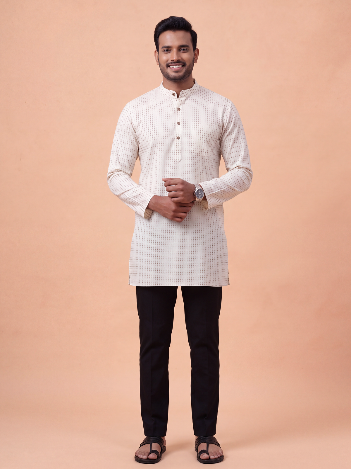 Cotton Medium Length Self Design Pocket Kurta White PC7