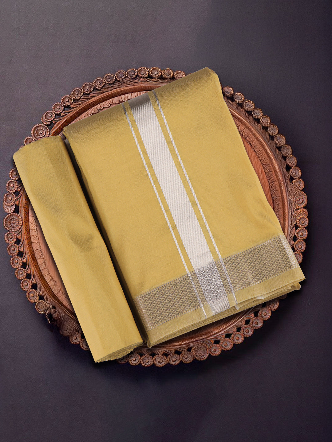 Men Silk Silver Jari Border Dhoti & Shirting Set Vivaga Chirangeeve Gold