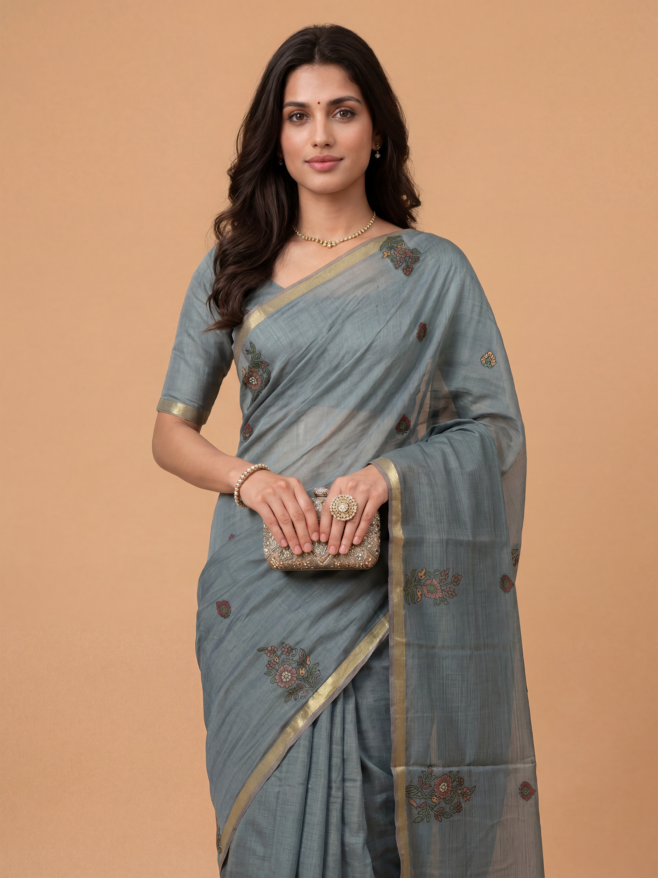 Women Pure Cotton Printed Bluish Grey Saree PCS269