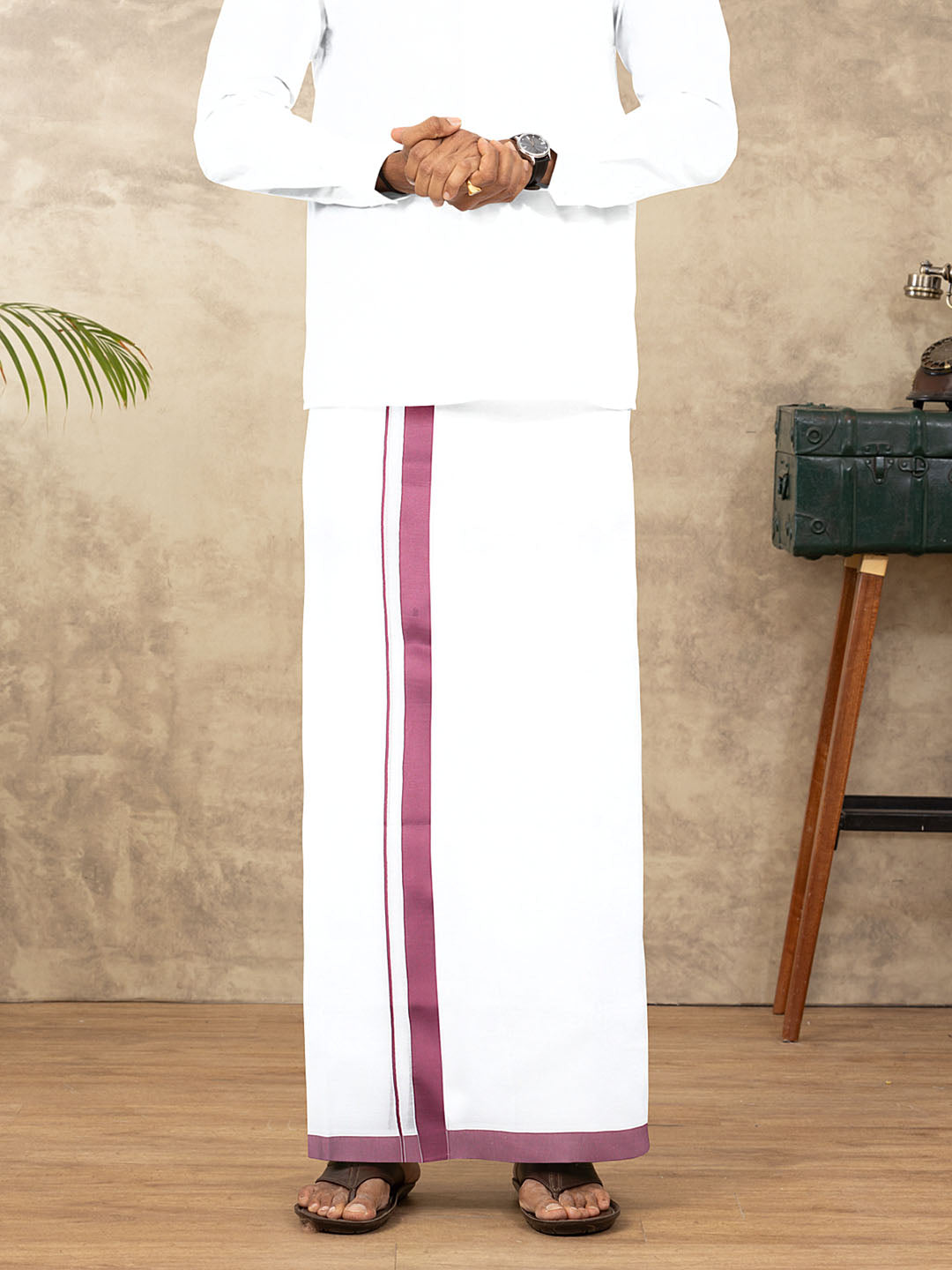 Men Cotton Blend Double Layer White Dhoti with Fancy Border TS02