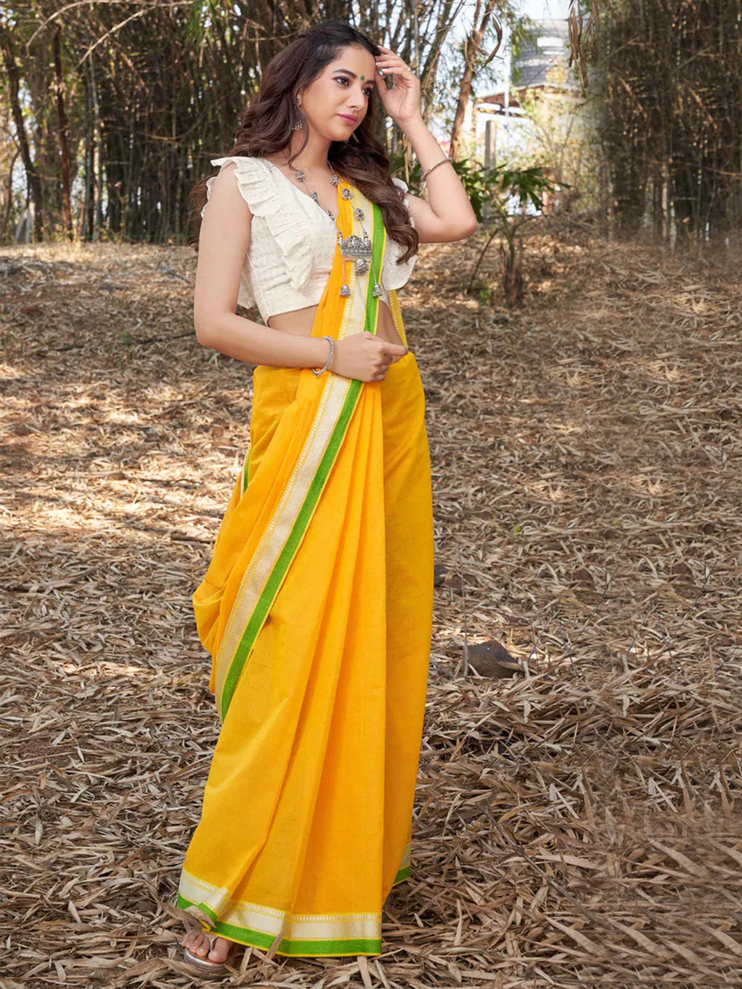 Womens Elegant Semi Cotton Orange With Green Cotton Weaving Saree SCS58