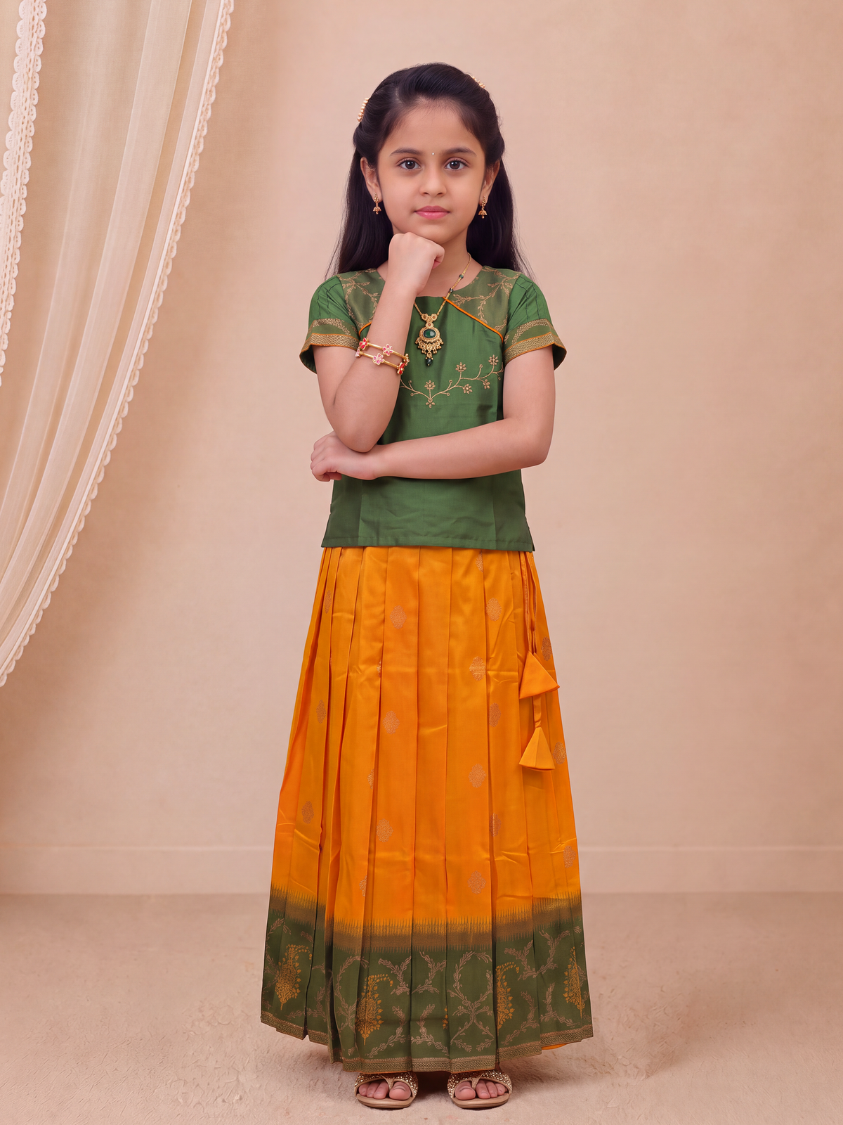 Girls Art Silk Green with Yellow Pattu Pavadai Set GPS79