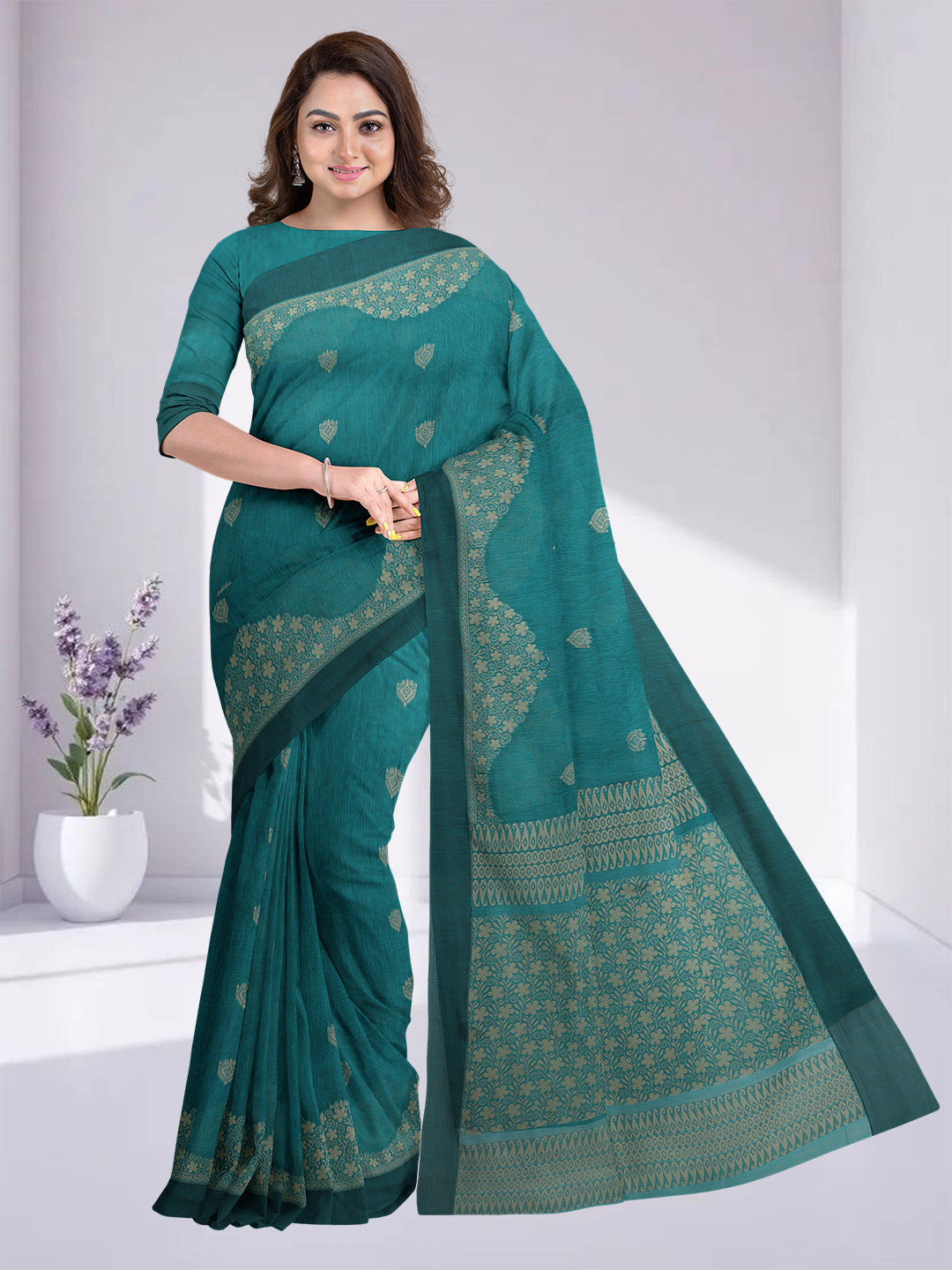 Women Cyan Blue Kora Cotton Saree PCS174