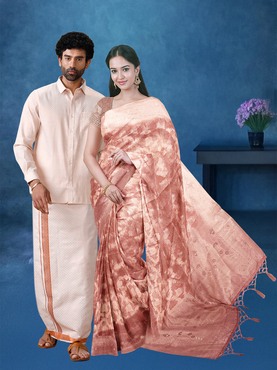 Couple Combo Shirt & Dhoti Set with Saree Copper CD13
