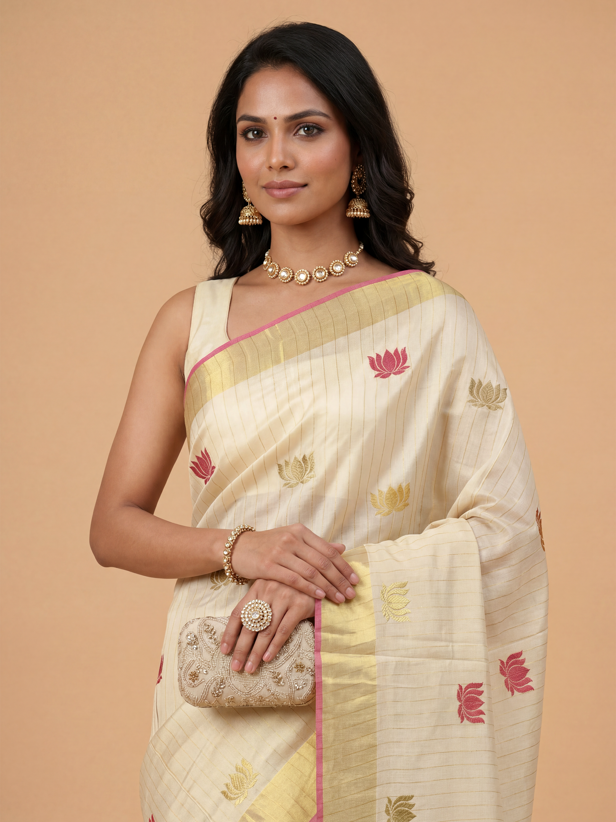 Women Tissue Cream Embroidered Kerala Saree KLS22