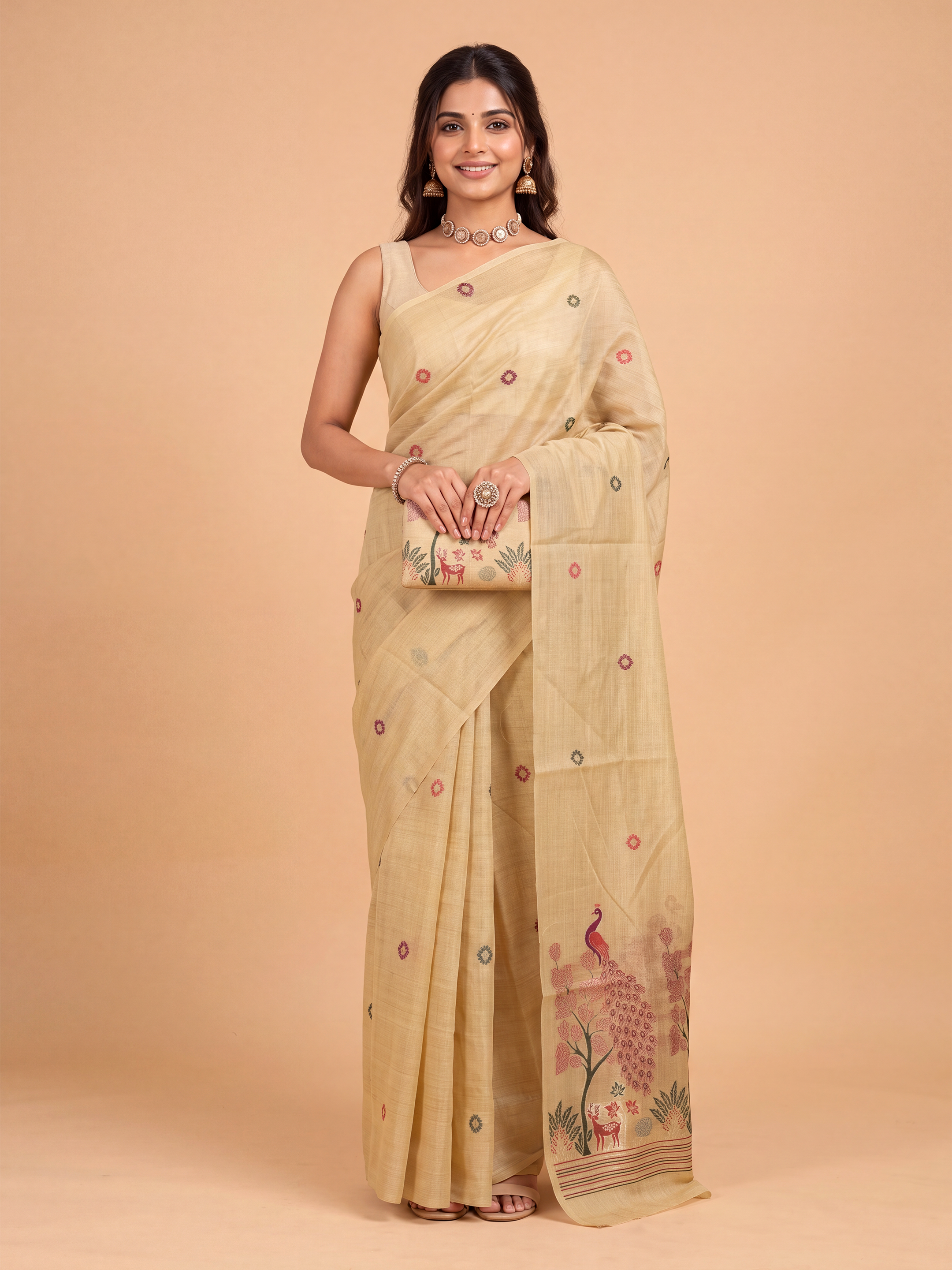 Women Light Brown Spun Poly Printed Saree SP09