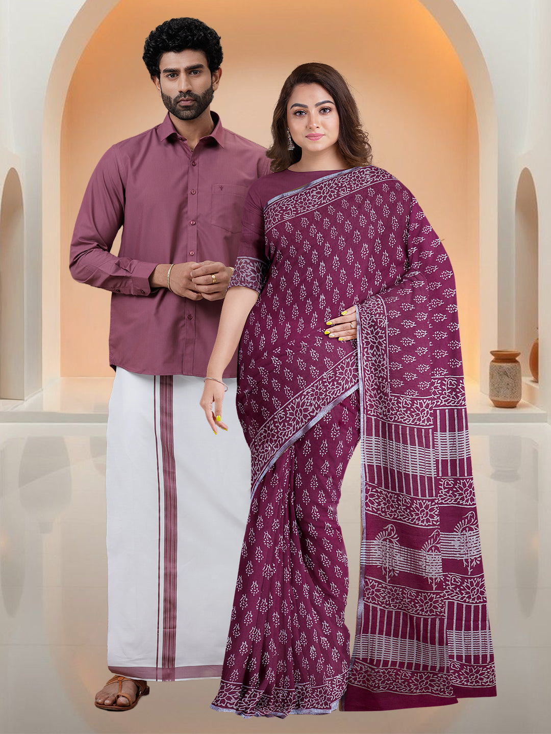 Couple Combo Shirt & Dhoti Set with Saree Wine Berry ST306