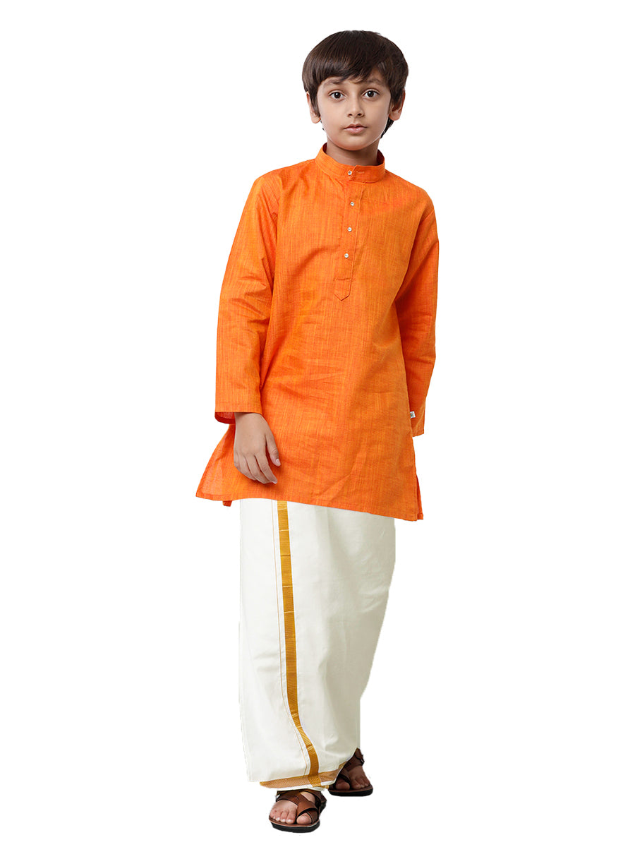 Like Father Like Son Orange Kurta and Gold Jari Border Cream Dhoti Combo FS3