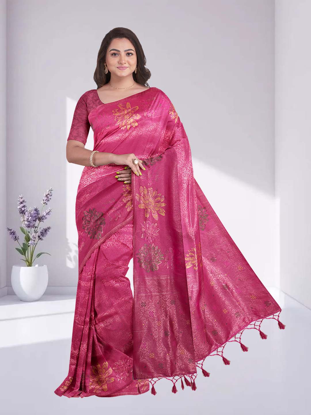 Women Dark Pink Semi Mysore Silk Saree SS374