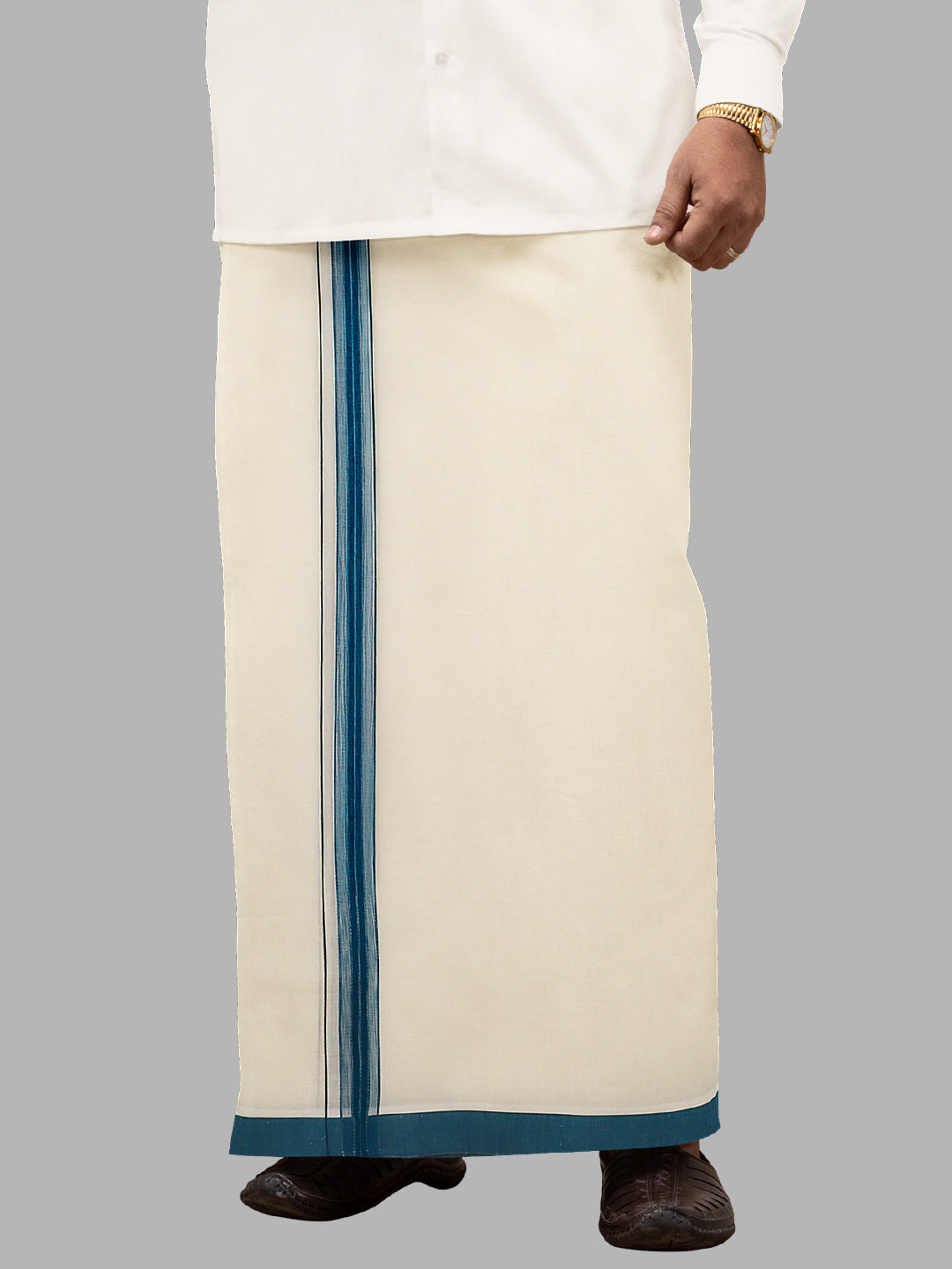 Men Blue Fancy Border Double Layer Kora Dhoti VKF05