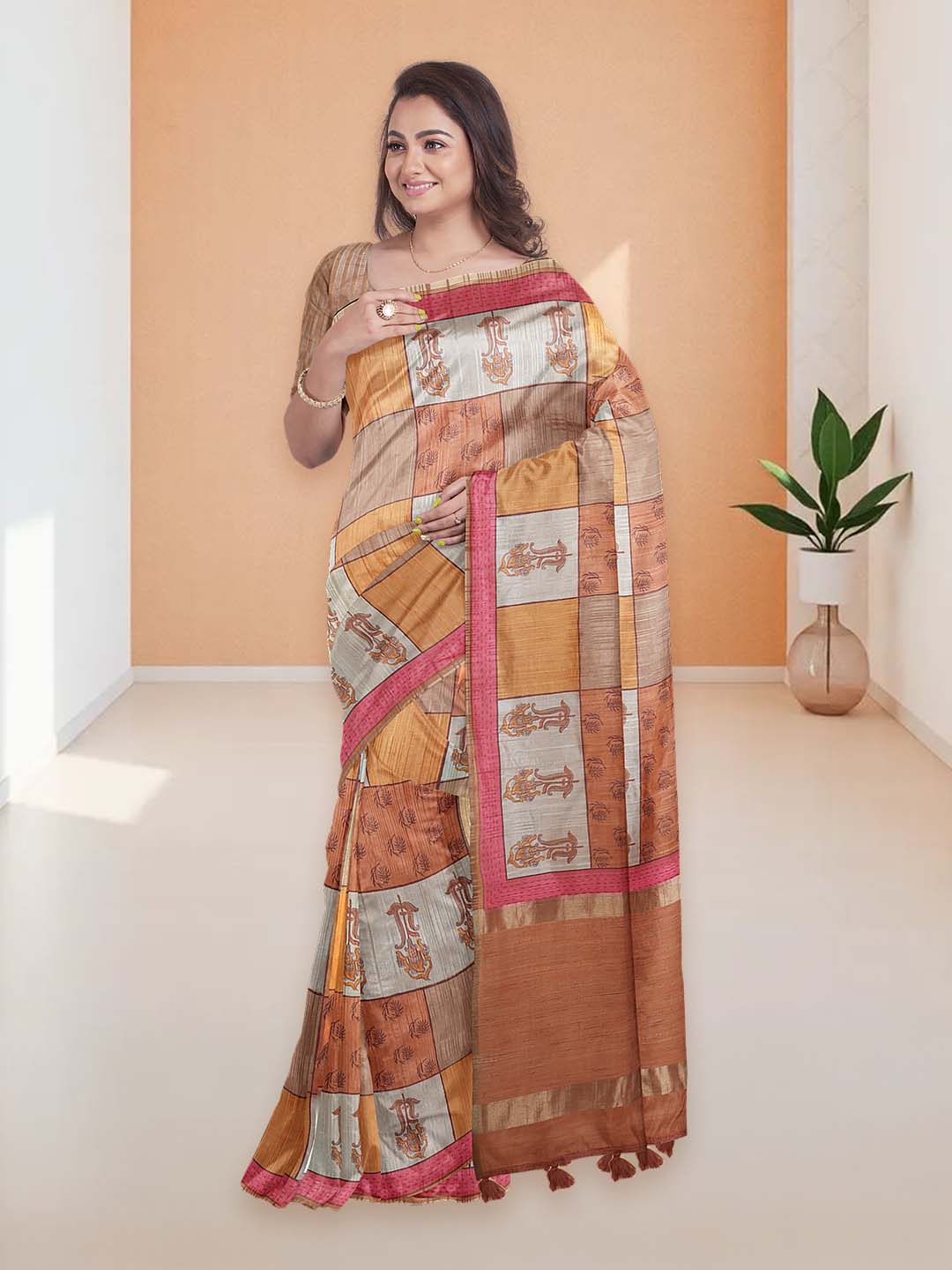 Women Burnt Orange Semi Tussar Printed Saree ST298